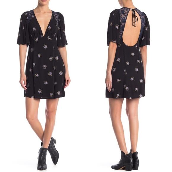 Free People Mockingbird Mesh Inset Deep V-neck Mini Dress Women's Size 2 - Picture 1 of 9